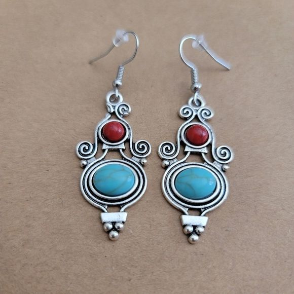 Hand Crafted Jewelry - Silver BOHO Tassel blue and dark red Decor Hollow Out Drop Earrings -1 Pair